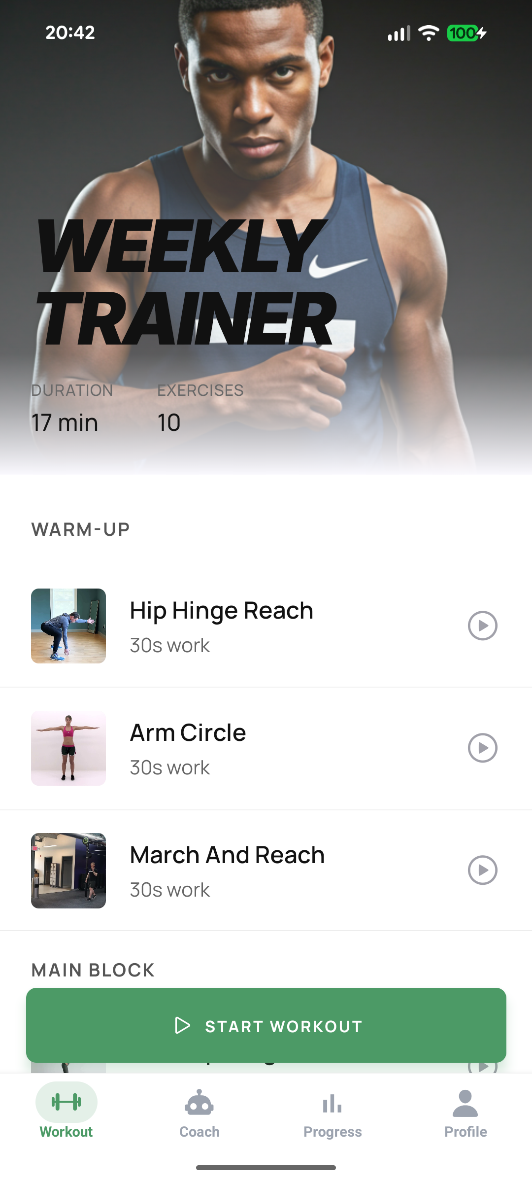 Personal Trainer weekly workout plan screen