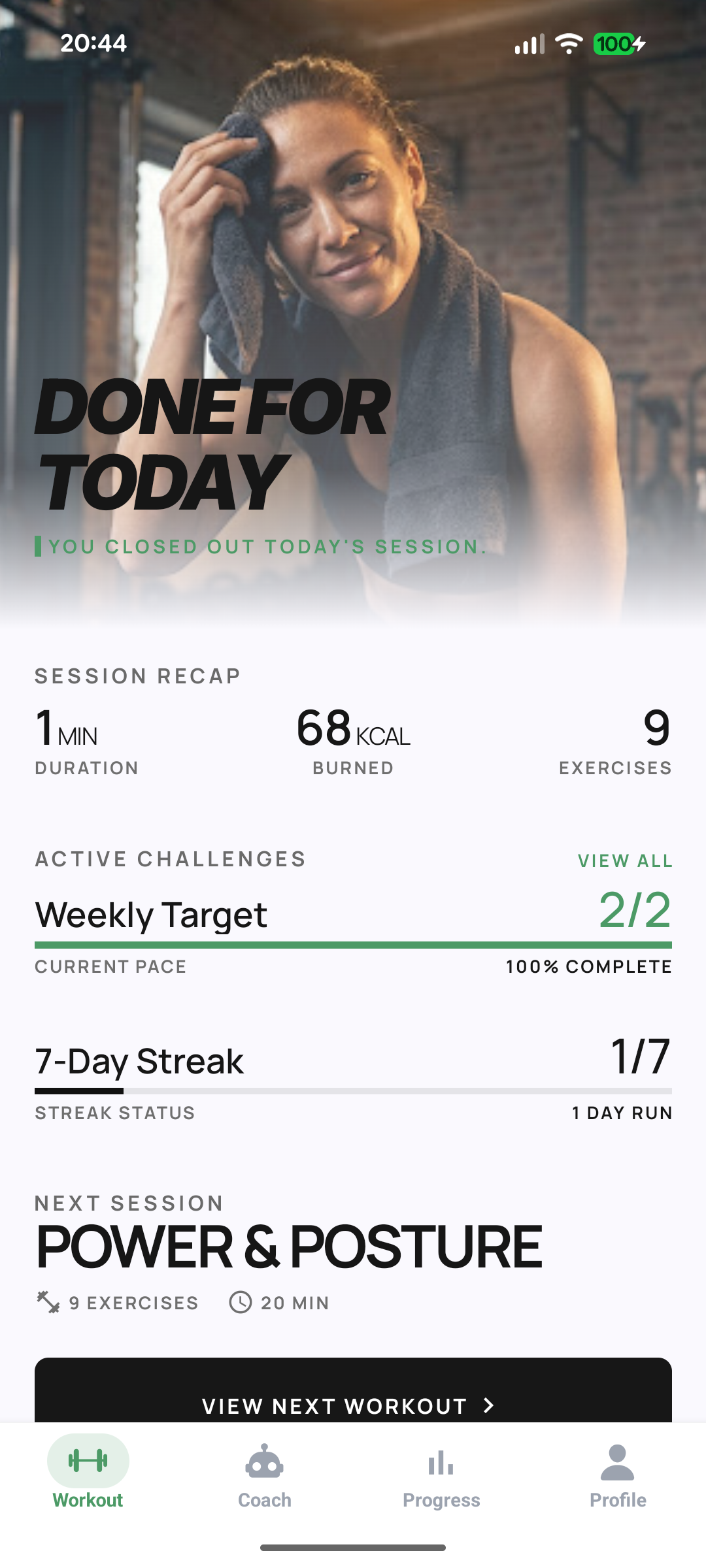 Completed workout recap and next session screen