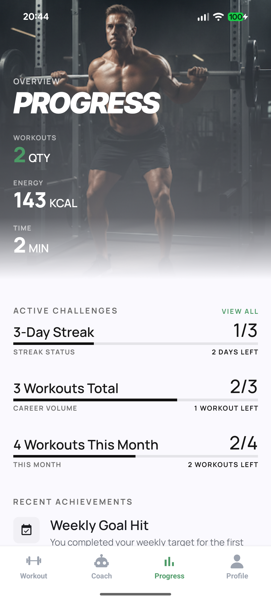 Workout progress and active challenges screen